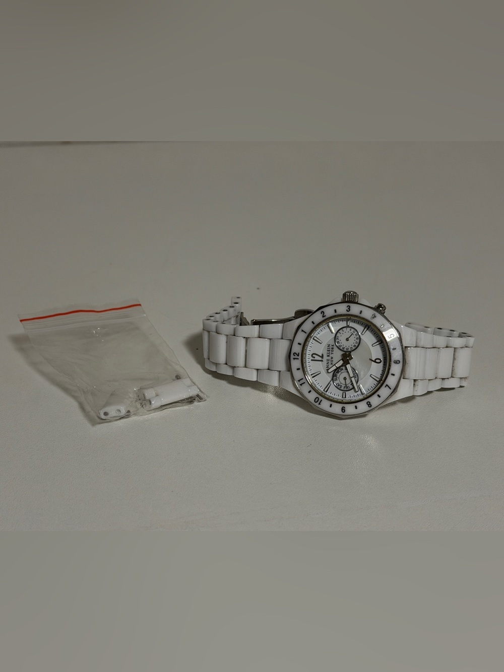 Anne Klein White and Silver Ceramic Link Watch